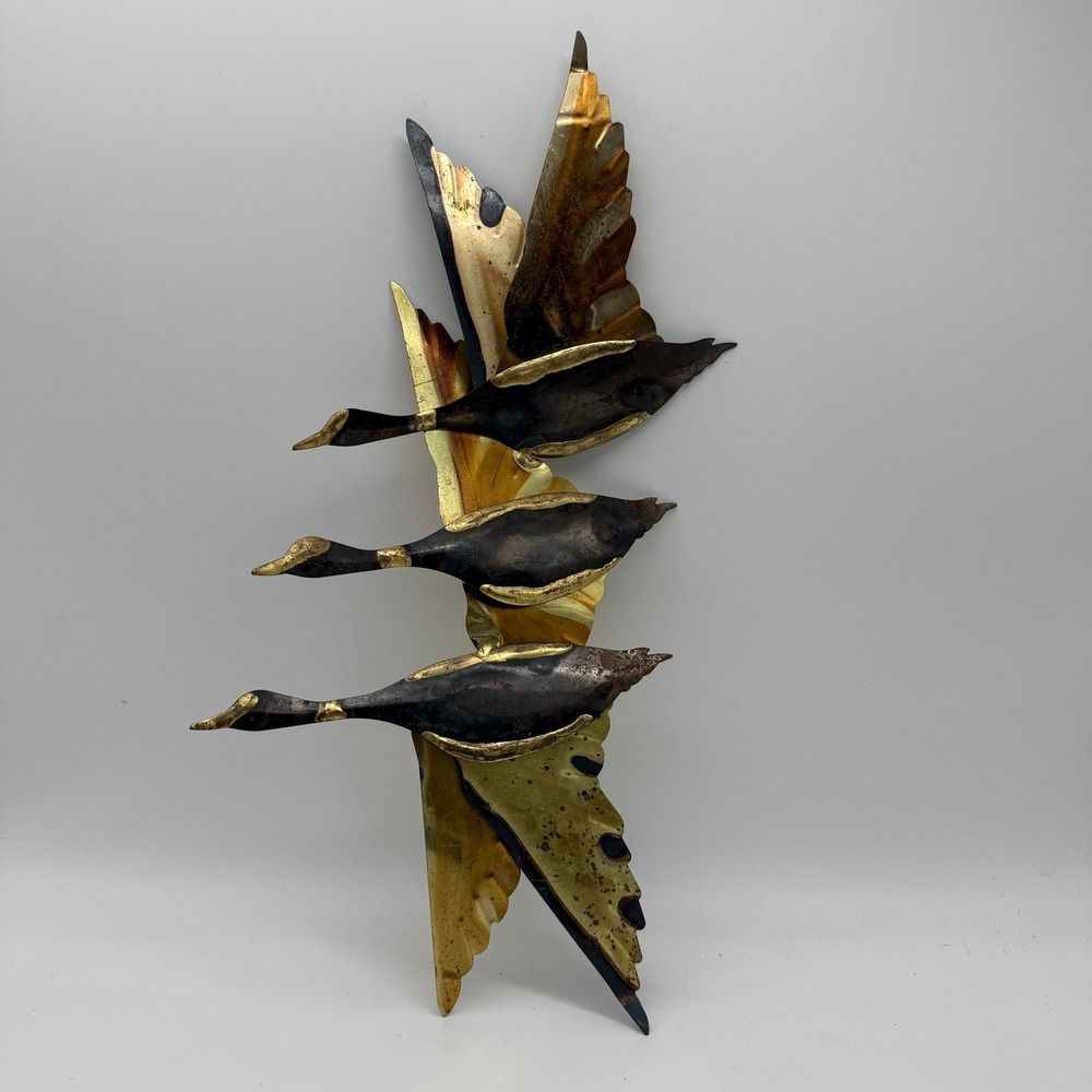Vintage Flying Geese Wall Art Mixed Metal Gold Black Brutalist MCM Sculpture